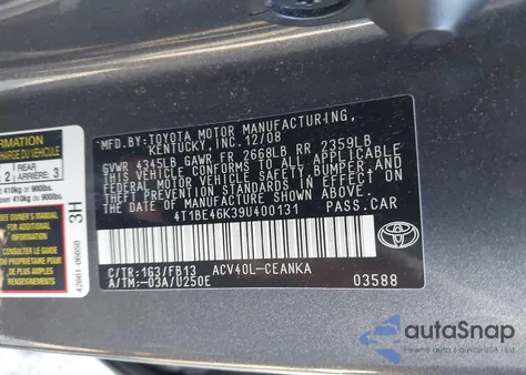 2009 Toyota Camry Le из США, поврежденный, VIN 4T1BE46K39U400131